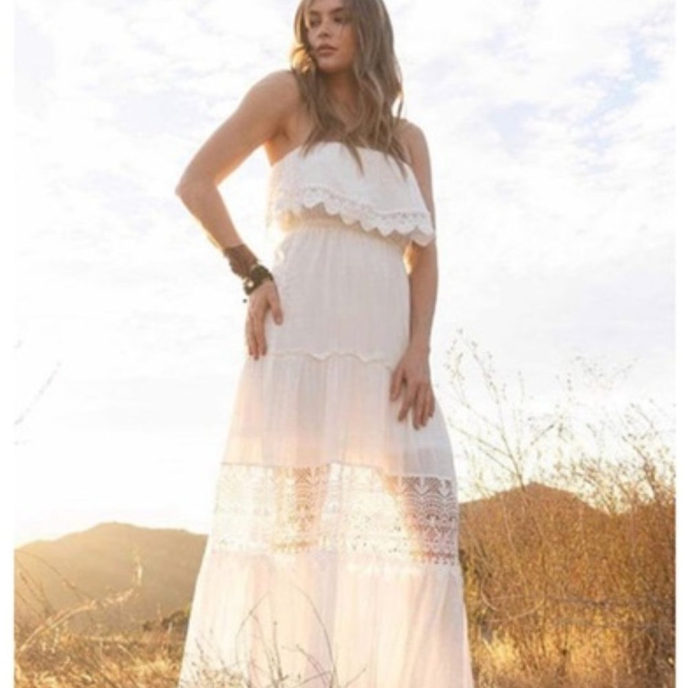 Three Bird Nest White Lace Strapless Maxi Dress